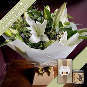 White Lily Bouquet Chocolate &amp; Candle Gift